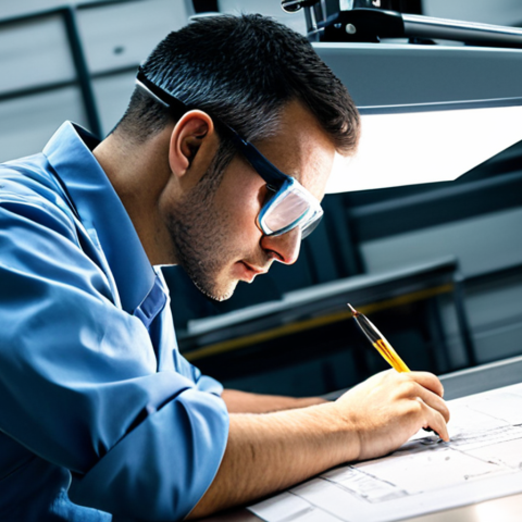 기계가공 기사 실기 준비 과정 - **Prompt: Deciphering the Blueprint**
    A highly detailed, cinematic shot of a skilled machinist i...