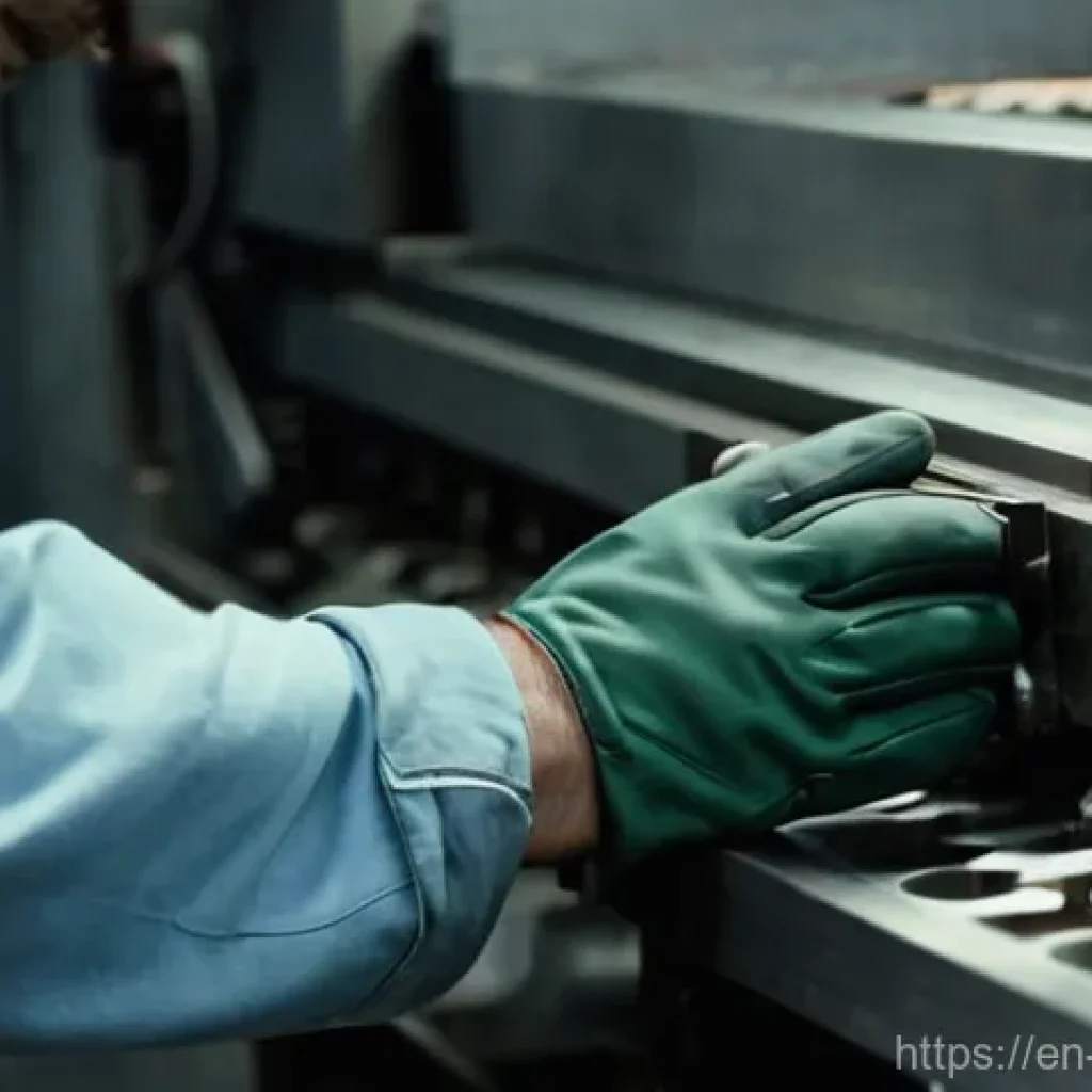 기계가공 실기 작업 매뉴얼 - **"A close-up, highly detailed shot of a skilled machinist's hands, wearing clean, fitted work glove...
