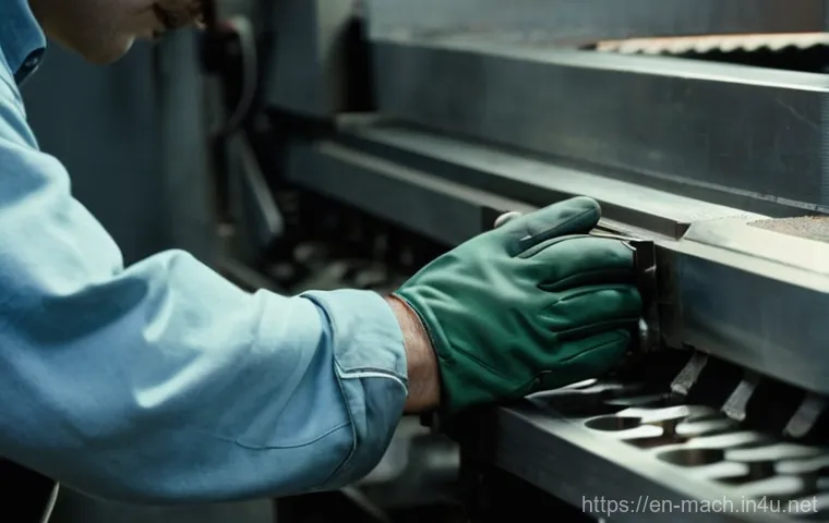 기계가공 실기 작업 매뉴얼 - **"A close-up, highly detailed shot of a skilled machinist's hands, wearing clean, fitted work glove...