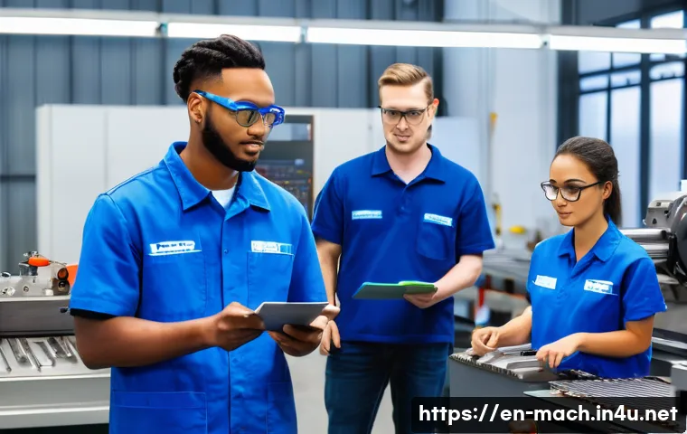 기계가공 자격증 추천 취득 루트 - A modern machining workshop scene showing a diverse group of young adults in safety glasses and indu...