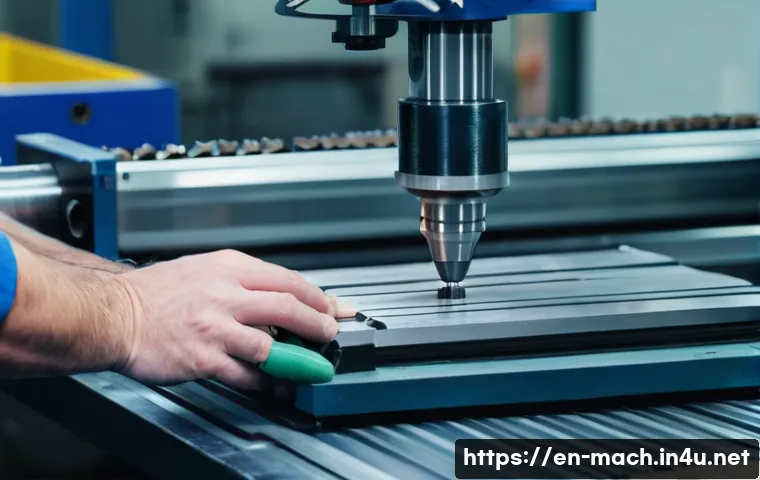 기계가공 실기 시험 문제 유형 - A highly detailed close-up of a machinist’s hands carefully setting tool offsets on a CNC milling ma...