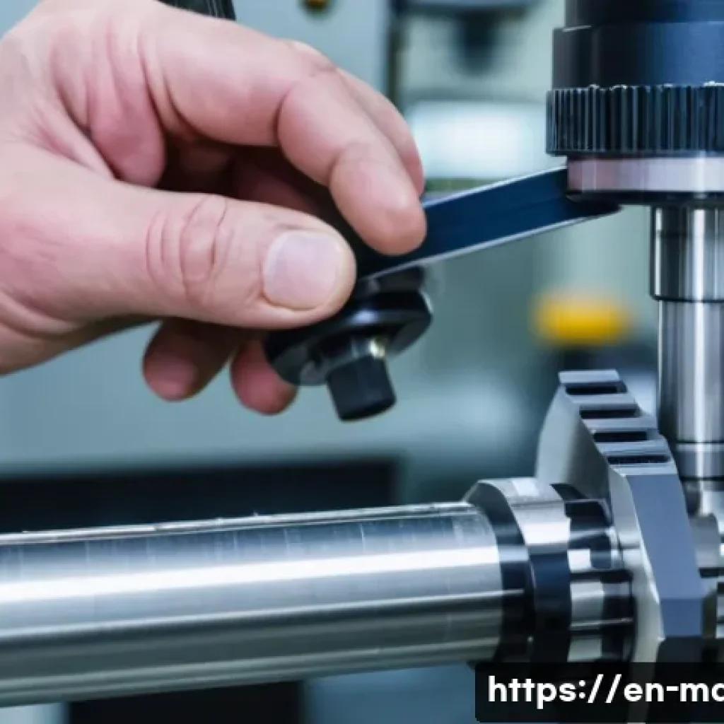 기계가공 업무 중 발생한 에피소드 - A high-precision CNC machining workshop scene showing a skilled technician inspecting a cutting tool...