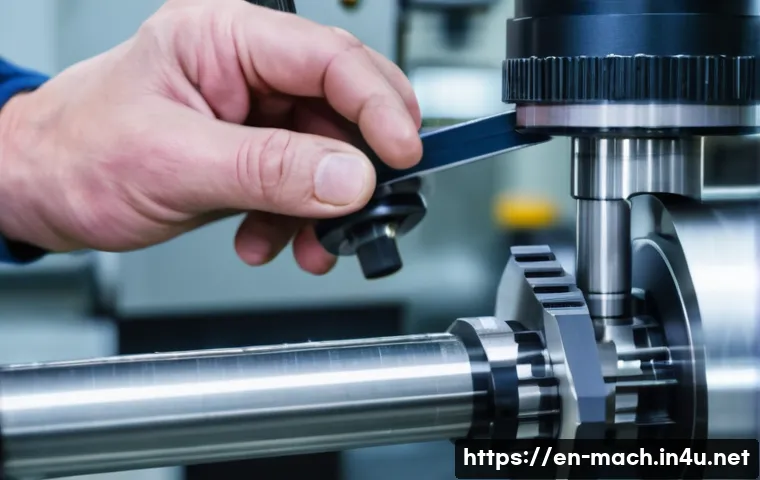 기계가공 업무 중 발생한 에피소드 - A high-precision CNC machining workshop scene showing a skilled technician inspecting a cutting tool...