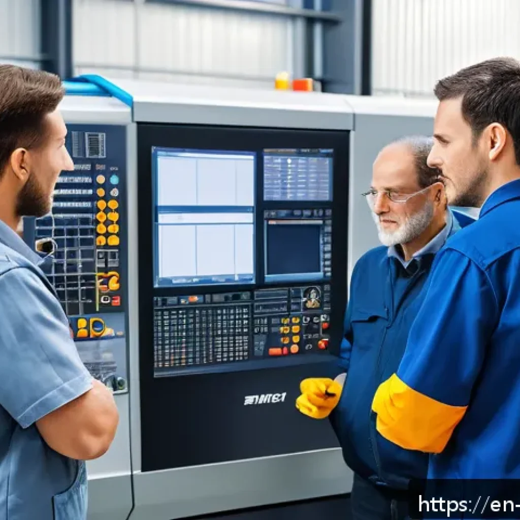 기계가공 자격증 학습 커뮤니티 소개 - A diverse group of professional machinists gathered around a large CNC machine in a modern industria...
