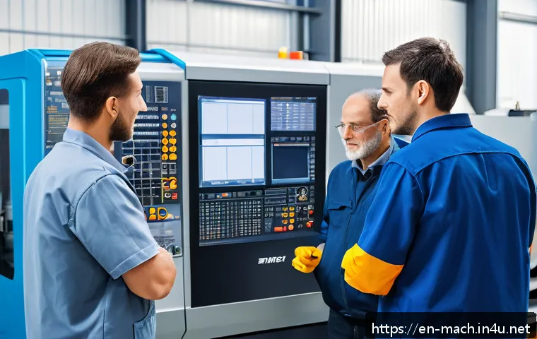 기계가공 자격증 학습 커뮤니티 소개 - A diverse group of professional machinists gathered around a large CNC machine in a modern industria...