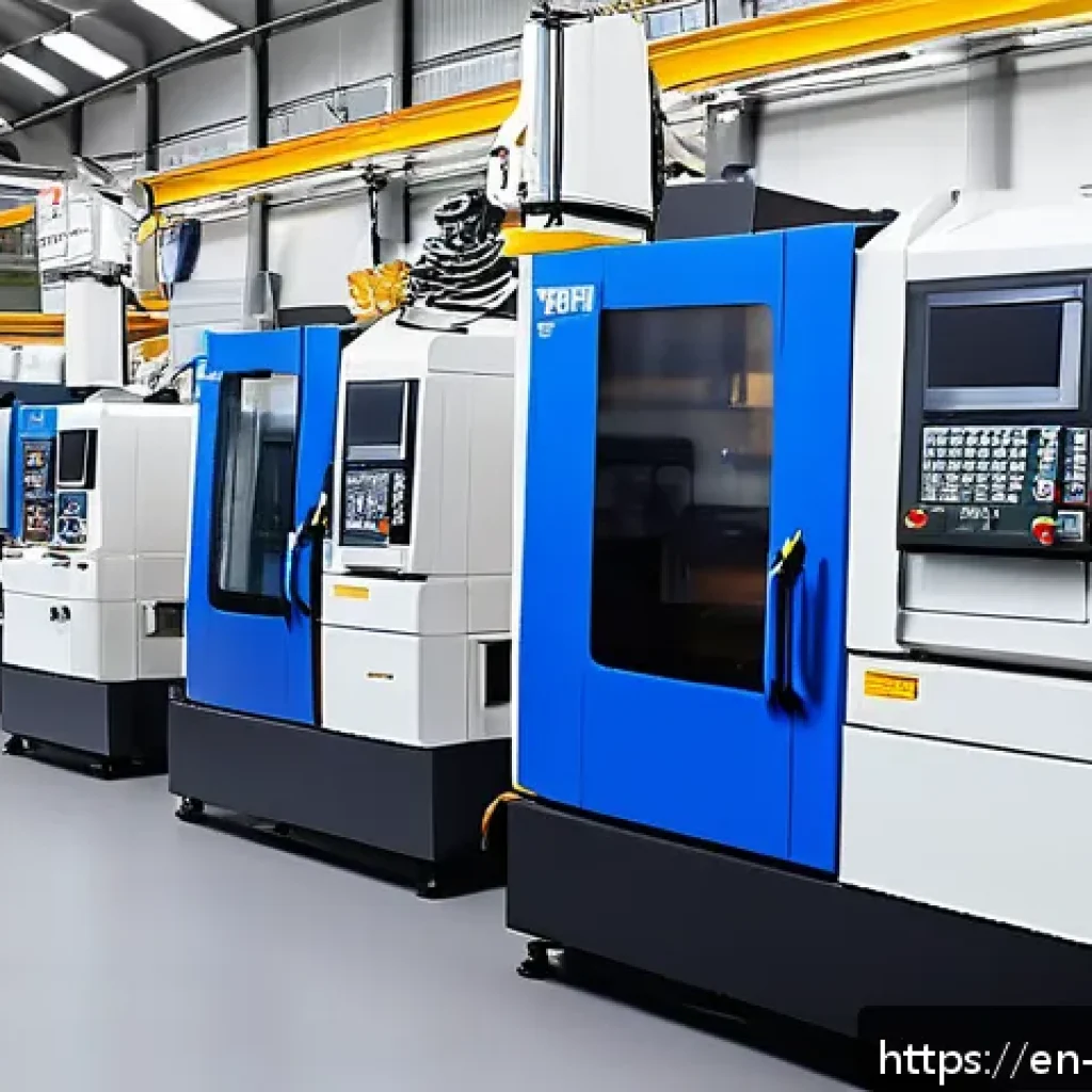 기계가공 산업기사 이직 성공기 - A modern CNC machining workshop interior featuring advanced 5-axis milling machines and lathes in op...