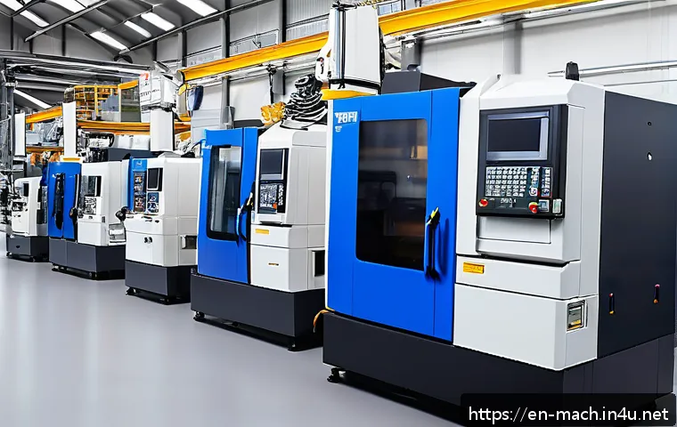 기계가공 산업기사 이직 성공기 - A modern CNC machining workshop interior featuring advanced 5-axis milling machines and lathes in op...