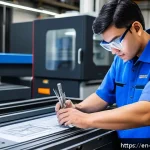 Home 20 기계가공 자격증 난이도 - A professional CNC machinist in a modern industrial workshop, wearing safety glasses and a blue unif...