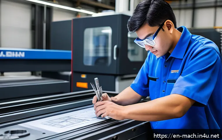 기계가공 자격증 난이도 - A professional CNC machinist in a modern industrial workshop, wearing safety glasses and a blue unif...