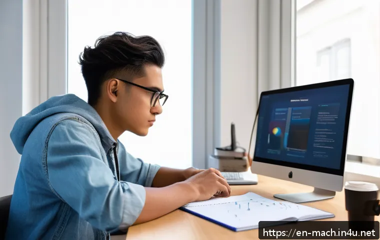 기계가공 필기시험 학습법 - A focused young adult male studying machining theory at a modern desk setup, wearing casual clothes ...