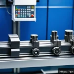 Home 18 기계가공 CNC 선반 사용법 - A highly detailed industrial CNC lathe workshop scene showing a skilled machinist selecting cutting ...