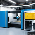 Home 23 기계가공 최신 설비 소개 - A futuristic CNC machining workshop featuring a high-tech 5-axis CNC machine integrated with a robot...