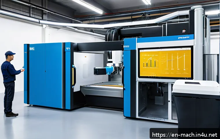 기계가공 최신 설비 소개 - A futuristic CNC machining workshop featuring a high-tech 5-axis CNC machine integrated with a robot...