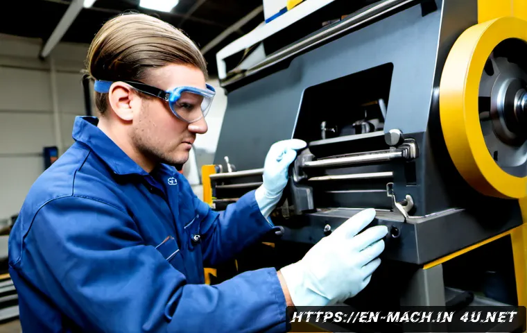 기계가공 실기시험 수험생 유의사항 - Photorealistic machine shop practical examination scene, adult trainee wearing clear safety goggles,...
