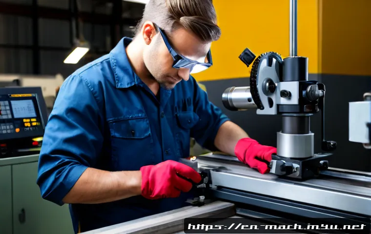 기계가공 전문직에서 요구하는 역량 - Photorealistic advanced machine shop scene, skilled machinist wearing safety glasses, hearing protec...